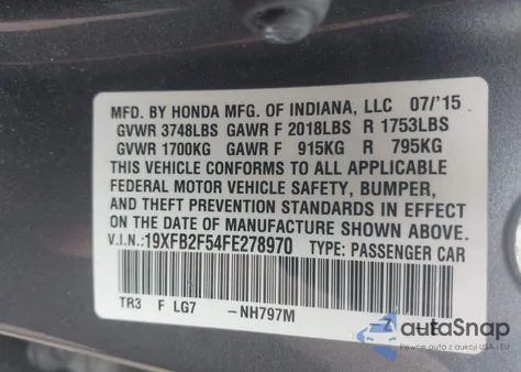 2015 Honda Civic Lx z USA, uszkodzony, nr VIN 19XFB2F54FE278970